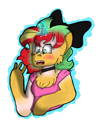 Size: 3554x4225 | Tagged: safe, artist:toffee-the-dingo, sunset shimmer, human, pony, unicorn, g4, blushing, bow, bust, chest fluff, eye color change, female, glowing, glowing horn, hair bow, high res, horn, human to pony, mid-transformation, simple background, solo, transformation, transparent background