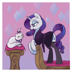 Size: 2048x2048 | Tagged: safe, artist:pfeffaroo, opalescence, rarity, cat, pony, unicorn, g4, bed, clothes, duo, eyeshadow, female, high res, horn, leaning, lidded eyes, looking at each other, looking at someone, makeup, mare, nightgown, open mouth, pillow, profile, socks, stockings, talking, thigh highs