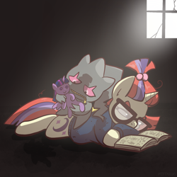 Size: 2048x2048 | Tagged: safe, artist:pfeffaroo, moondancer, twilight sparkle, banette, pony, unicorn, g4, book, clothes, duo, female, frown, glasses, grudge, high res, holding, horn, indoors, looking at something, lying down, mare, moondancer's sweater, plushie, pokémon, prone, reading, sweater, twilight sparkle plushie, window