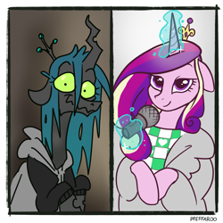 Size: 2048x2048 | Tagged: safe, artist:pfeffaroo, princess cadance, queen chrysalis, alicorn, changeling, changeling queen, pony, g4, clothes, crown, eyelashes, female, glowing, glowing horn, high res, hoodie, horn, jewelry, levitation, magic, magic aura, mare, microphone, regalia, telekinesis