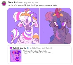 Size: 735x652 | Tagged: safe, artist:sillystringpony, discord, twilight sparkle, alicorn, kirin, unicorn, zebra, g4, black or chinese, horn, kirin twilight, kirin-ified, meme, shitposting, species swap, twitter, zebrafied