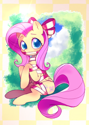 Size: 2480x3508 | Tagged: safe, artist:izuchi, fluttershy, pegasus, pony, g4, cute, ribbon, shyabetes, solo