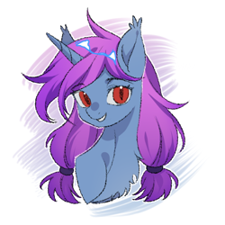 Size: 600x600 | Tagged: safe, artist:littlezhao, oc, oc only, oc:starry sky gloom, bat pony, bat pony unicorn, hybrid, unicorn, bat pony oc, bust, horn, red eyes, rubber band, smelling, solo