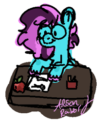 Size: 631x716 | Tagged: safe, artist:arsonrabbit, oc, oc only, oc:arial beam, earth pony, pony, g4, apple, blue coat, chest fluff, desk, digital art, doodle, earth pony oc, food, glasses, hooves, looking at something, male, paper, pencil, pink hair, pink hooves, pink mane, signature, simple background, solo, stallion, unshorn fetlocks, white background