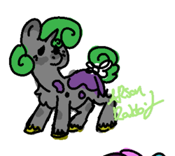 Size: 507x452 | Tagged: safe, artist:arsonrabbit, oc, oc only, oc:emerald deltas, pony, unicorn, g4, bow, chest fluff, covered cutie mark, digital art, doodle, female, gray coat, green hair, green mane, green tail, hidden cutie mark, hooves, horn, male to female, mare, paint, painted, signature, simple background, solo, tail, tail bow, trans female, transgender, transgender oc, unicorn oc, unshorn fetlocks, white background, yellow hooves