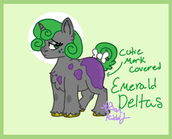 Size: 965x780 | Tagged: safe, artist:arsonrabbit, oc, oc only, oc:emerald deltas, pony, unicorn, g4, abstract background, bow, chest fluff, circle background, covered cutie mark, digital art, ear fluff, female, freckles, gray coat, green eyes, green hair, green mane, green tail, hidden cutie mark, hooves, horn, looking at you, male to female, mare, paint, painted, passepartout, signature, solo, tail, tail bow, text, trans female, transgender, transgender oc, unicorn oc, unshorn fetlocks, yellow hooves