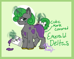 Size: 981x784 | Tagged: safe, alternate version, artist:arsonrabbit, oc, oc only, oc:emerald deltas, pony, unicorn, g4, abstract background, bow, chest fluff, circle background, covered cutie mark, digital art, ear fluff, female, freckles, gray coat, green eyes, green hair, green mane, green tail, hidden cutie mark, hooves, horn, looking at you, magic, male to female, mare, paint, paint bucket, paintbrush, painted, passepartout, signature, solo, tail, tail bow, text, trans female, transgender, transgender oc, unicorn oc, unshorn fetlocks, yellow hooves