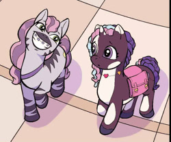 Size: 752x624 | Tagged: safe, artist:yancey labat, idw, skye, violette rainbow, zebra, g5, my little pony: skye's secret, cropped, faic, grin, smiling