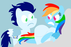 Size: 1935x1285 | Tagged: safe, anonymous artist, derpibooru exclusive, rainbow dash, soarin', pegasus, pony, series:soarindash pregnancy, series:soarindash romantic tales, g4, angry, female, male, mare, pointy ponies, preggo dash, pregnant, ship:soarindash, shipping, stallion, straight, you did this to me