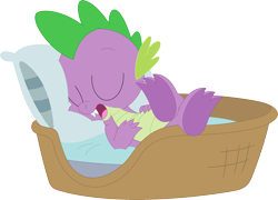 Size: 3567x2575 | Tagged: safe, artist:porygon2z, spike, dragon, g4, bed, eyes closed, hands on belly, male, open mouth, simple background, sleeping, solo, transparent background