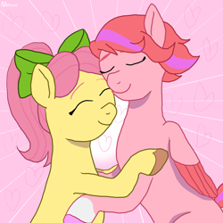 Size: 2224x2224 | Tagged: safe, artist:wrath-marionphauna, posey bloom, windy, earth pony, pegasus, g5, bow, female, hair bow, hug, lesbian, ship:poseywind, shipping