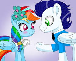 Size: 3290x2617 | Tagged: safe, artist:mrsdashskies, rainbow dash, soarin', pegasus, pony, a canterlot wedding, g4, my little pony: friendship is magic, bridesmaid, bridesmaid dash, bridesmaid dress, clothes, dress, female, male, mare, ship:soarindash, shipping, stallion, straight