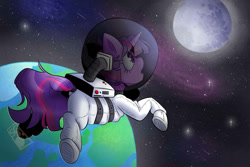 Size: 1095x730 | Tagged: safe, artist:stinkygooby, twilight sparkle, pony, unicorn, g4, astronaut, earth, female, floating, horn, mare, planet, solo, space, space helmet, spacesuit, stars, unicorn twilight, zero gravity