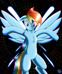 Size: 2343x2827 | Tagged: safe, artist:jphyperx, rainbow dash, pegasus, pony, g4, abstract background, flying, looking down, solo