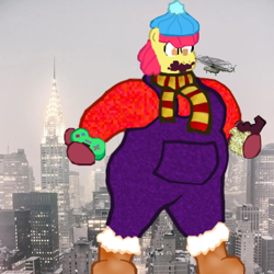 Size: 714x713 | Tagged: safe, apple bloom, anthro, g4, boots, bundled up for winter, chocolate, city, clothes, confrontation, cross-eyed, fat, female, fog, food, hat, helicopter, jacket, joy boy, macro, messy eating, mittens, obese, older, older apple bloom, overalls, scarf, shoes, strong fat, surprised, winter, winter outfit