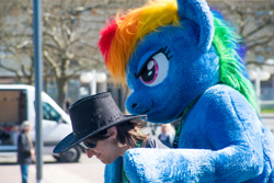 Size: 1920x1281 | Tagged: safe, artist:atalonthedeer, rainbow dash, human, g4, 2016, brony fair, fursuit, hat, irl, irl human, outdoors, photo, ponysuit