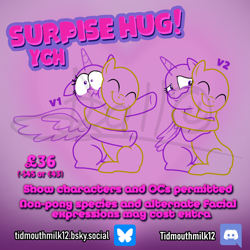 Size: 1500x1500 | Tagged: safe, artist:tidmouthmilk12, oc, alicorn, earth pony, pegasus, pony, unicorn, commission, eye bulging, horn, hug, outlines only, squeezing, watermark, ych example, your character here