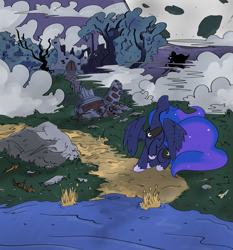 Size: 3351x3600 | Tagged: safe, artist:ponny, princess luna, alicorn, pony, g4, castle, cloud, colored, destroyed, everfree forest, fog, looking back, moon, outdoors, river, road, rock, solo, spear, sword, tree, water, weapon