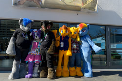 Size: 1920x1272 | Tagged: oc name needed, safe, artist:atalonthedeer, rainbow dash, oc, oc:qetesh, oc:reedycreek, oc:tracy swift, g4, 2016, brony fair, furry, fursuit, irl, outdoors, photo, ponysuit