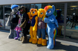 Size: 1920x1272 | Tagged: oc name needed, safe, artist:atalonthedeer, rainbow dash, oc, oc:qetesh, oc:reedycreek, oc:tracy swift, g4, 2016, brony fair, furry, fursuit, irl, outdoors, photo, ponysuit