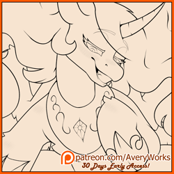 Size: 2000x2000 | Tagged: safe, artist:avery-valentine, princess celestia, alicorn, pony, g4, advertisement, explicit source, patreon, patreon logo, patreon preview, patreon reward, smiling