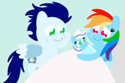 Size: 1935x1285 | Tagged: safe, anonymous artist, derpibooru exclusive, rainbow dash, soarin', oc, oc:snowflake, pegasus, pony, series:soarindash pregnancy, series:soarindash romantic tales, g4, baby, baby pony, female, filly, foal, male, mare, newborn, newborn foal, offspring, parent:rainbow dash, parent:soarin', parents:soarindash, pointy ponies, ship:soarindash, shipping, stallion, straight