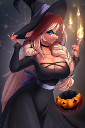 Size: 2000x3000 | Tagged: safe, artist:yuozka, oc, oc only, oc:amber swirl, pegasus, anthro, big breasts, braid, breasts, choker, cleavage, clothes, costume, female, fire, fire magic, halloween, halloween costume, hat, high res, holiday, magic, pail, solo, witch costume, witch hat