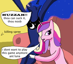 Size: 800x700 | Tagged: safe, artist:thet7770ify, princess cadance, princess luna, alicorn, pony, g4, 2013, artifact, controller, couch, dialogue, duo, duo female, female, gaming, huzzah, killing spree, mare, misspelling, ms paint, noob, old art, speech bubble, text, xbox controller