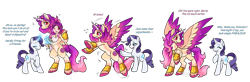 Size: 5200x1700 | Tagged: safe, artist:hypnosiswolf, rarity, oc, oc:princess solstice, alicorn, human, pony, unicorn, g4, alicorn oc, ankh, belly, bipedal, colored wings, concave belly, countershading, dialogue, dressing, duo, duo female, female, high res, horn, human to pony, jewelry, magic, magic aura, mare, motion lines, one eye closed, open mouth, open smile, ponysuit, push, quadrupedal, regalia, simple background, slender, smiling, thin, transformation, transparent background, two toned wings, unshorn fetlocks, white background, wings, wink