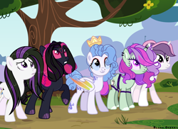 Size: 6000x4368 | Tagged: safe, artist:blackcherry, oc, oc only, oc:blackcherry, oc:danzei animation jora, oc:sonya, oc:sweetieck dreams, bat pony, pegasus, pony, unicorn, g4, butt, colored hooves, cute, eyelashes, female, filly, flower, foal, hooves, horn, mare, not sweetie belle, orange eyes, outdoors, plot, smiling, tail, tree, two toned mane, two toned tail, unicorn horn