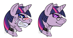 Size: 1500x800 | Tagged: safe, artist:hypnosiswolf, twilight sparkle, goo, pony, unicorn, g4, bondage, bust, collar, encasement, furry, furry to pony, glasses, horn, hypnosis, portrait, simple background, transformation, transparent background