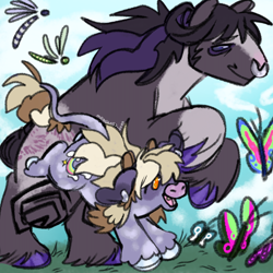 Size: 4096x4096 | Tagged: safe, artist:mrmega57, derpibooru exclusive, oc, oc only, oc:honey hooves, oc:slip spiral, butterfly, dragonfly, horse, hybrid, insect, cloud, cow horns, cow hybrid, grass, grass field, horns, horse oc, hybrid oc, outdoors, shiny hooves, siblings