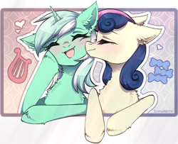 Size: 2170x1766 | Tagged: safe, artist:avrameow, bon bon, lyra heartstrings, sweetie drops, earth pony, pony, unicorn, g4, ear fluff, eyes closed, female, horn, lesbian, open mouth, ship:lyrabon, shipping