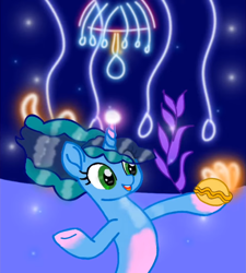 Size: 972x1080 | Tagged: safe, artist:misty arcana(eva.zz), misty brightdawn, pony, seapony (g4), unicorn, g4, g5, female, g5 to g4, generation leap, horn, mare, seaponified, seapony misty brightdawn, seashell, solo, species swap, underwater, water