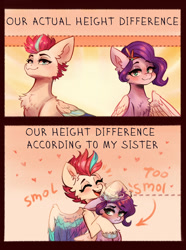 Size: 2174x2928 | Tagged: safe, artist:polnocnykot, pipp petals, zipp storm, pegasus, pony, g5, 2 panel comic, adorapipp, adorazipp, angry, blushing, cheek fluff, chest fluff, chin up, comic, crown, cute, dotted line, duo, duo female, ear fluff, ears back, ears up, emanata, eyes closed, feathered wings, female, floppy ears, fluffy, folded wings, frown, funny, grin, heart, hooves, hug, humor, jewelry, laughing, lidded eyes, meme, noogie, open mouth, open smile, pipp is short, proud, regalia, shoulder fluff, siblings, sisters, sisters being sisters, smiling, smol, smug, spread wings, text, unshorn fetlocks, wings