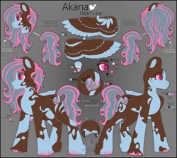 Size: 3900x3500 | Tagged: safe, artist:medkit, oc, oc only, oc:akana (heart's joy), pegasus, pony, bust, closed mouth, coat markings, color palette, colored ears, colored eyebrows, colored eyelashes, colored hooves, colored lineart, colored pupils, colored wings, colored wingtips, cookie, cutie mark, dark coat, eye clipping through hair, eyebrows, eyebrows visible through hair, eyes open, feathered wings, female, food, full body, glaze, gradient background, heart, heart shaped, high res, hooves, lightly watermarked, long mane, long tail, mare, multicolored coat, open mouth, oral cavity, owner:medkit, paint tool sai 2, pegasus oc, pink eyes, quadrupedal, reference sheet, side view, signature, silhouette, smiling, solo, spiral, standing, sternocleidomastoid, striped mane, striped tail, stripes, tail, teeth, text, tongue out, two toned mane, two toned tail, two toned wings, unshorn fetlocks, wall of tags, watermark, wavy mane, wavy tail, wings