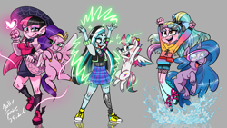 Size: 1280x720 | Tagged: safe, artist:jully-park, izzy moonbow, pipp petals, zipp storm, pegasus, pony, unicorn, g5, crossover, draculaura, female, frankenstein, horn, lagoona blue, monster high, nonbinary