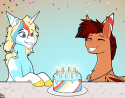 Size: 8389x6589 | Tagged: safe, artist:suchalmy, oc, oc only, oc:autumn dusk, oc:maui, bat pony, unicorn, birthday, cake, food, horn