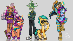 Size: 3840x2160 | Tagged: safe, artist:jully-park, hitch trailblazer, misty brightdawn, sunny starscout, alicorn, earth pony, pony, unicorn, g5, clawdeen wolf, cleo de nile, crossover, deuce gorgon, female, horn, male, mare, monster high, stalion