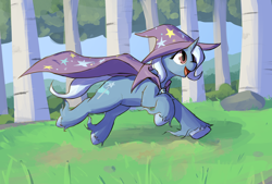 Size: 2376x1608 | Tagged: safe, artist:sleepyhoers, trixie, pony, unicorn, g4, birch tree, bush, cape, clothes, female, forest, grass, hat, horn, long fetlocks, mare, nature, rock, smiling, solo, tree, trixie's cape, trixie's hat, unshorn fetlocks