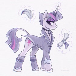 Size: 2048x2048 | Tagged: safe, artist:scheadar, twilight sparkle, pony, unicorn, g4, boots, clothes, concave belly, ear piercing, earring, eyebrows, eyebrows visible through hair, feather, horn, jewelry, magic, multicolored mane, multicolored tail, necklace, paper, piercing, purple mane, shoes, slender, species swap, tail, telekinesis, thin, unicorn twilight, unshorn fetlocks