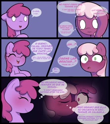 Size: 1828x2048 | Tagged: safe, artist:eltrash_art6, berry punch, berryshine, cheerilee, earth pony, pony, comic:a crazy night, blushing, comic, crying, duo, duo female, female, french kiss, kissing, lesbian, mare, nervous, open mouth, ship:berrilee, shipping, spanish, speech bubble, talking, teary eyes, thought bubble, translation