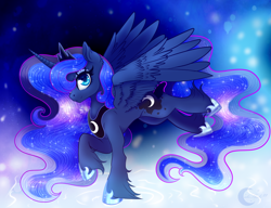 Size: 3000x2300 | Tagged: safe, artist:cakeshake22, princess luna, alicorn, pony, g4, ethereal mane, smiling, solo, unshorn fetlocks