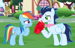 Size: 2988x1913 | Tagged: safe, artist:soarindasher10, rainbow dash, soarin', pegasus, pony, g4, bouquet, bouquet of flowers, female, flower, hearts and hooves day, holiday, male, mare, ship:soarindash, shipping, stallion, straight, valentine's day, valentine's day card