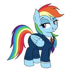 Size: 1500x1500 | Tagged: safe, artist:vomitvomiting, rainbow dash, pony, g4, clothes, lidded eyes, simple background, solo, suit, white background