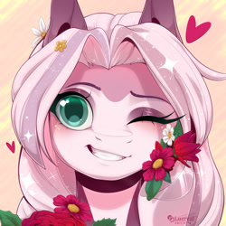 Size: 2000x2000 | Tagged: safe, artist:luzreal, oc, pegasus, pony, blushing, bust, commission, cute, eyes closed, female, flower, flower in hair, front view, heart, hoof hold, icon, mare, my little pony, pink, smiling, sparkles