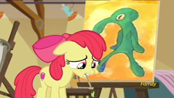 Size: 1280x720 | Tagged: safe, edit, edited screencap, screencap, apple bloom, earth pony, pony, g4, my little pony: friendship is magic, on your marks, season 6, apple bloom's painting, artist unknown (spongebob episode), bold and brash, female, filly, foal, indoors, meme, paintbrush, painting, spongebob squarepants, squidward tentacles