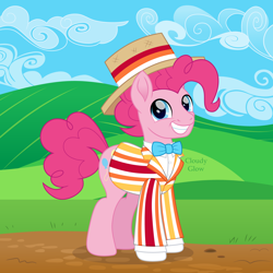 Size: 2000x2000 | Tagged: safe, artist:cloudy glow, pinkie pie, earth pony, pony, g4, bert, bubble berry, clothes, disney, hat, looking at you, male, mary poppins, outdoors, rule 63, smiling, straw hat, vest