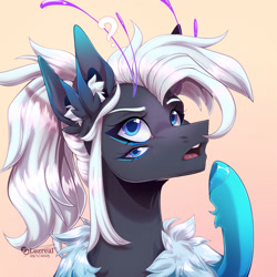 Size: 2000x2000 | Tagged: safe, artist:luzreal, oc, bug pony, insect, original species, pony, blue eyes, bust, chest fluff, commission, doublie, emoji, long hair, multiple ears, multiple eyes, open mouth, question mark, raised hoof, shading, species, thinking, three quarter view, 🤔