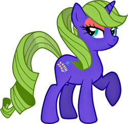 Size: 749x724 | Tagged: safe, artist:quanxaro, forsythia, pony, unicorn, g4, curly hair, curly mane, curly tail, female, horn, mare, raised hoof, redesign, simple background, tail, transparent background